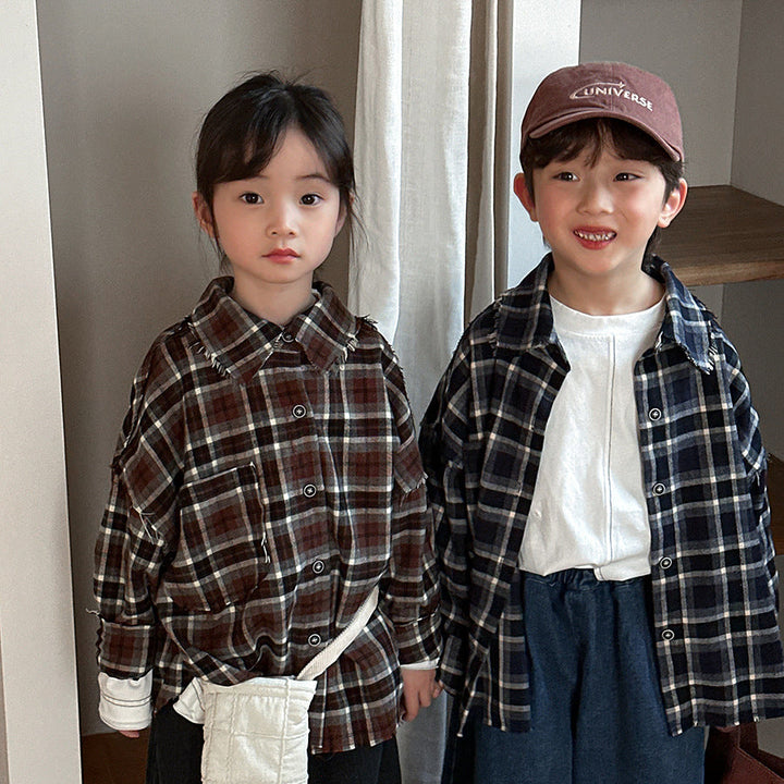 【80-140】カラーデザインチェック柄シャツ