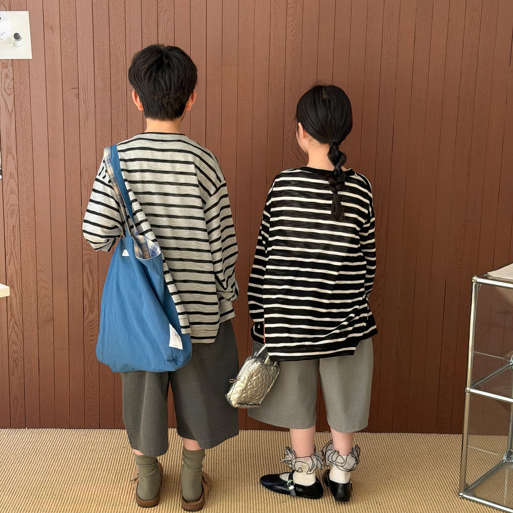 【100-150】ボーダー柄リラックスカーディガン