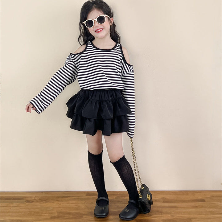 【90-140】ボーダー肩開きトップス