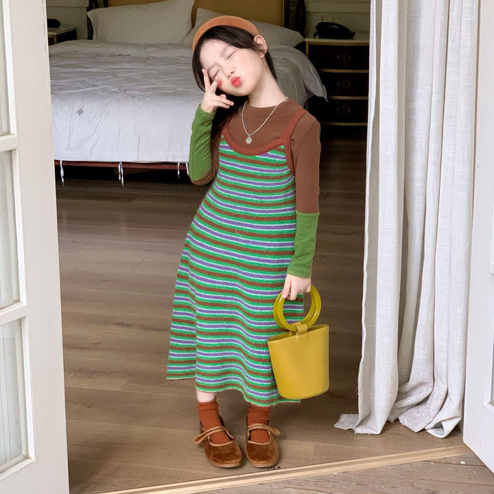 【90-140】マルチボーダーニットワンピース