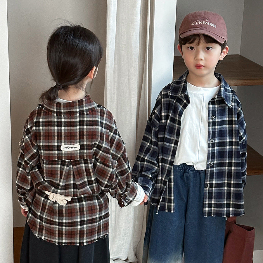 【80-140】カラーデザインチェック柄シャツ