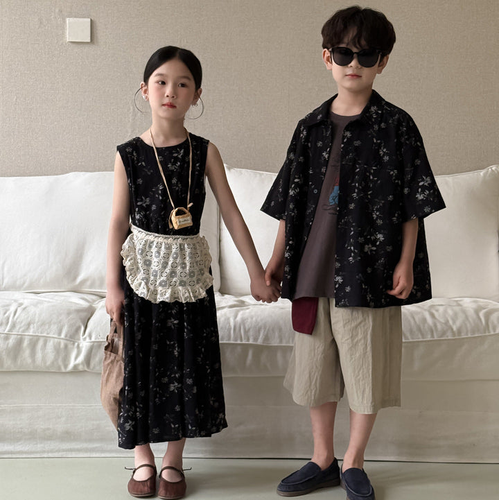 【90-150】ボタニカル柄ノースリーブワンピース