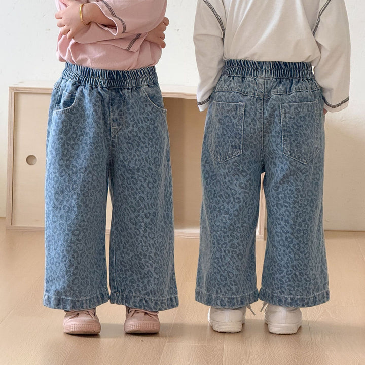 【80-150】レオパード柄ロングデニムパンツ
