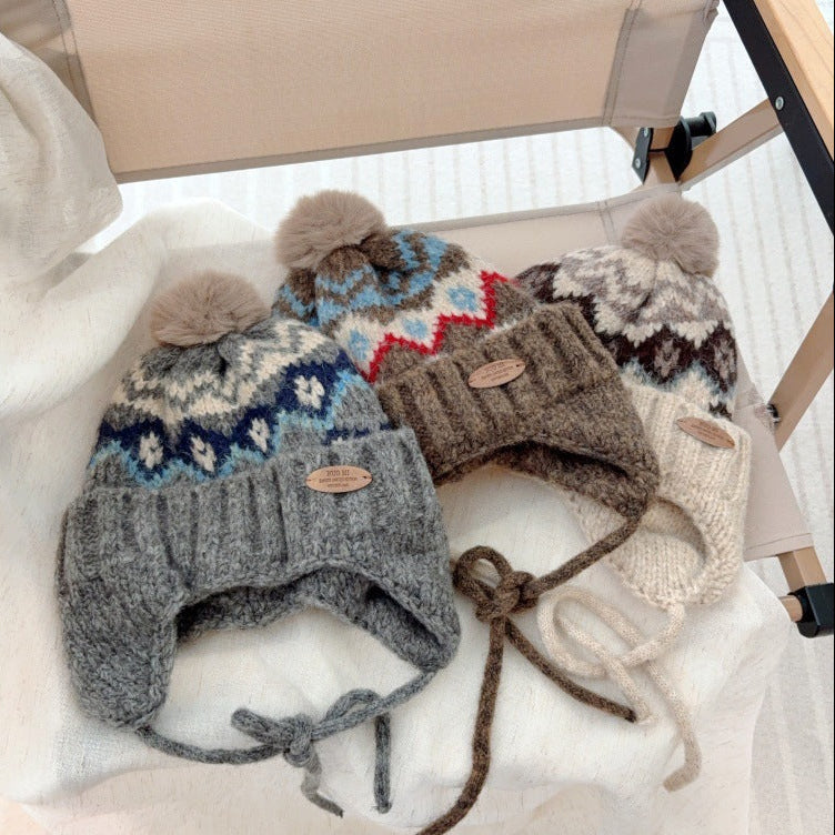 【48-52cm】ポンポン付きフェアアイル柄ニット帽