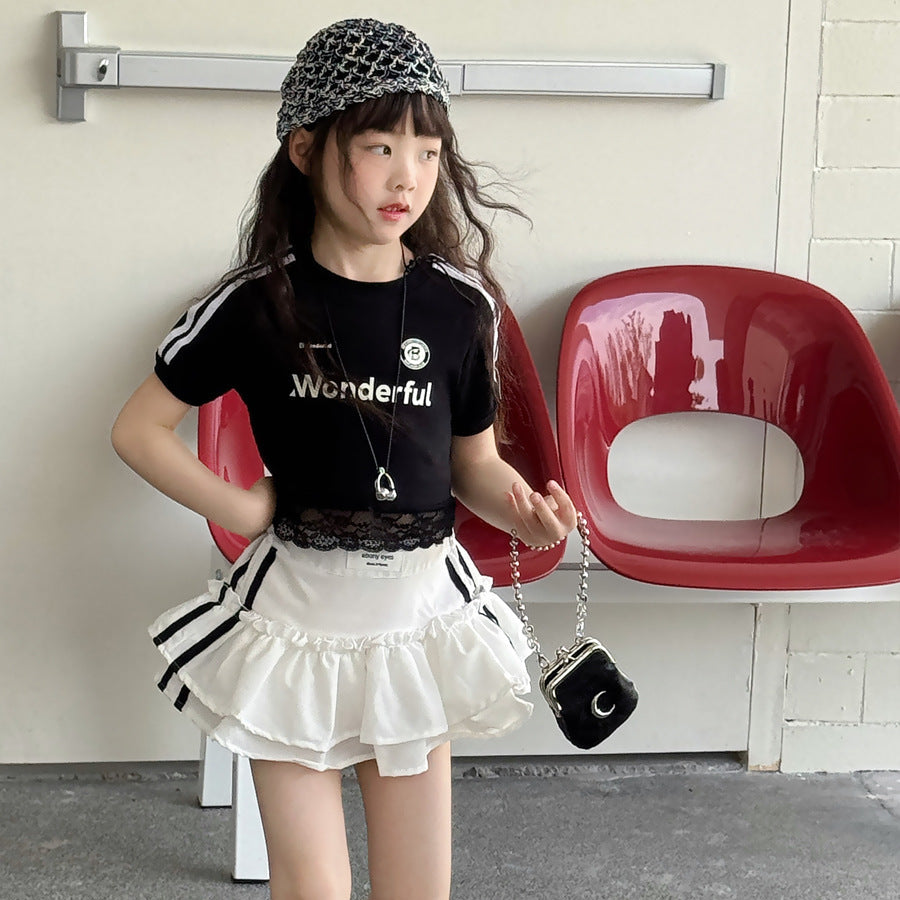 【100-150】レースヘムショート丈Tシャツ