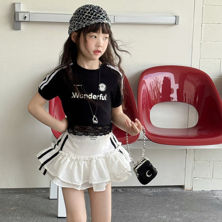 【100-150】レースヘムショート丈Tシャツ