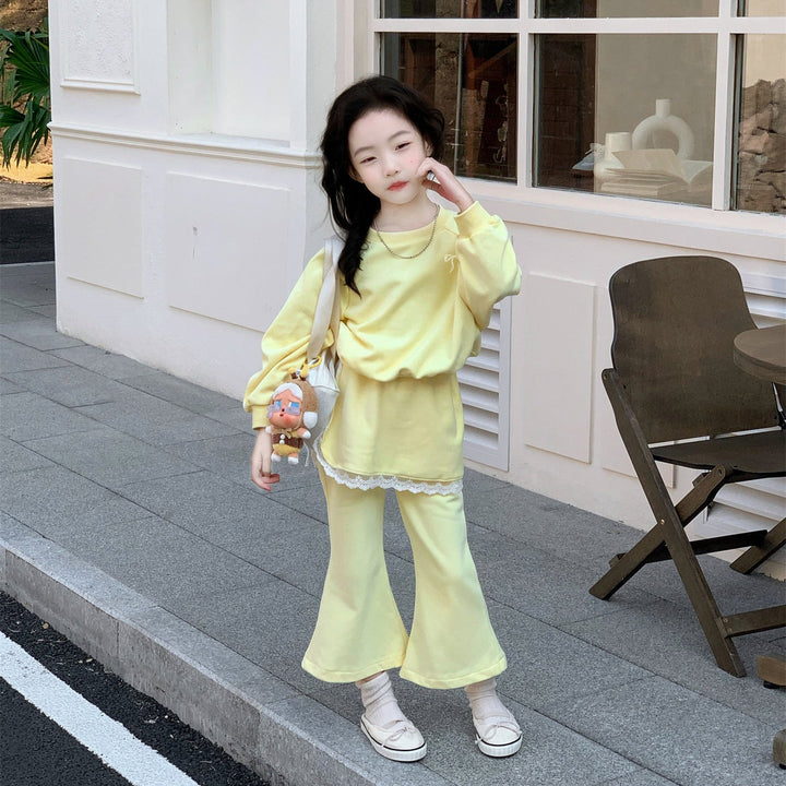 【90-140】トレーナー×レイヤード風フレアパンツセット