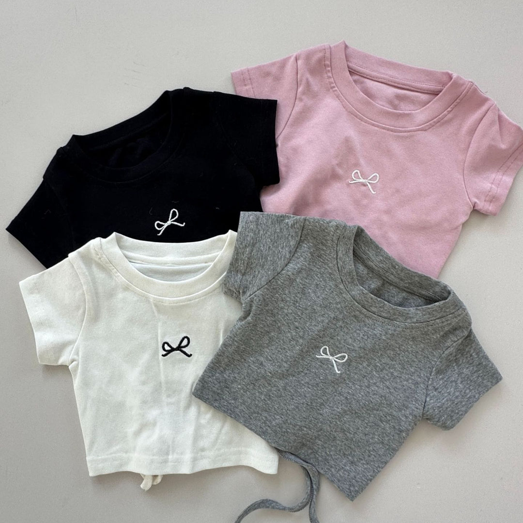 【90-140】フロントリボンバックオープンTシャツ