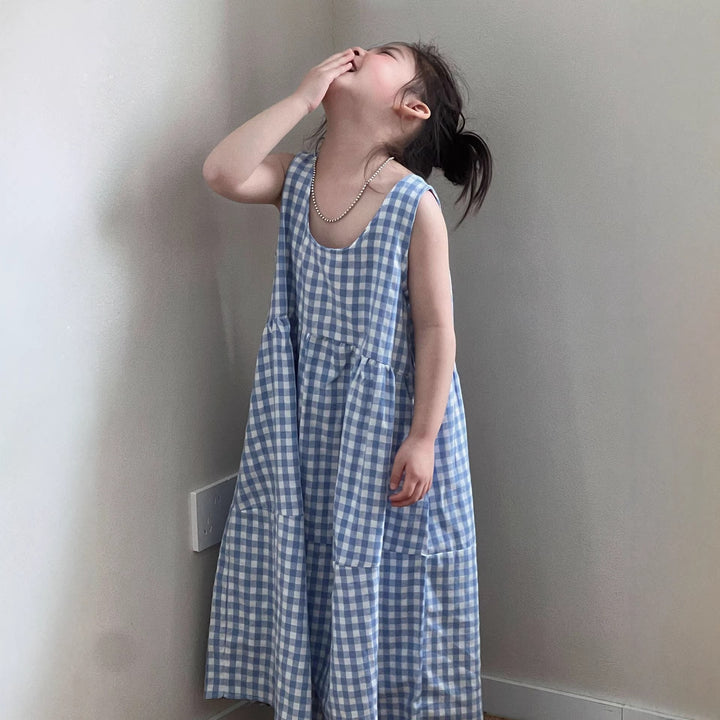 【90-150】ギンガムチェックマキシ丈ワンピース