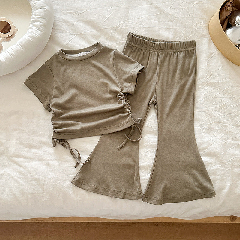 【90-140】ウエストシャーリングTシャツ×フレアパンツセット