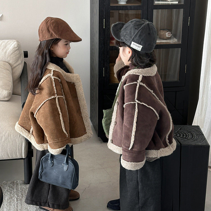 【80-140】ノーカラーフェイクムートンジャケット