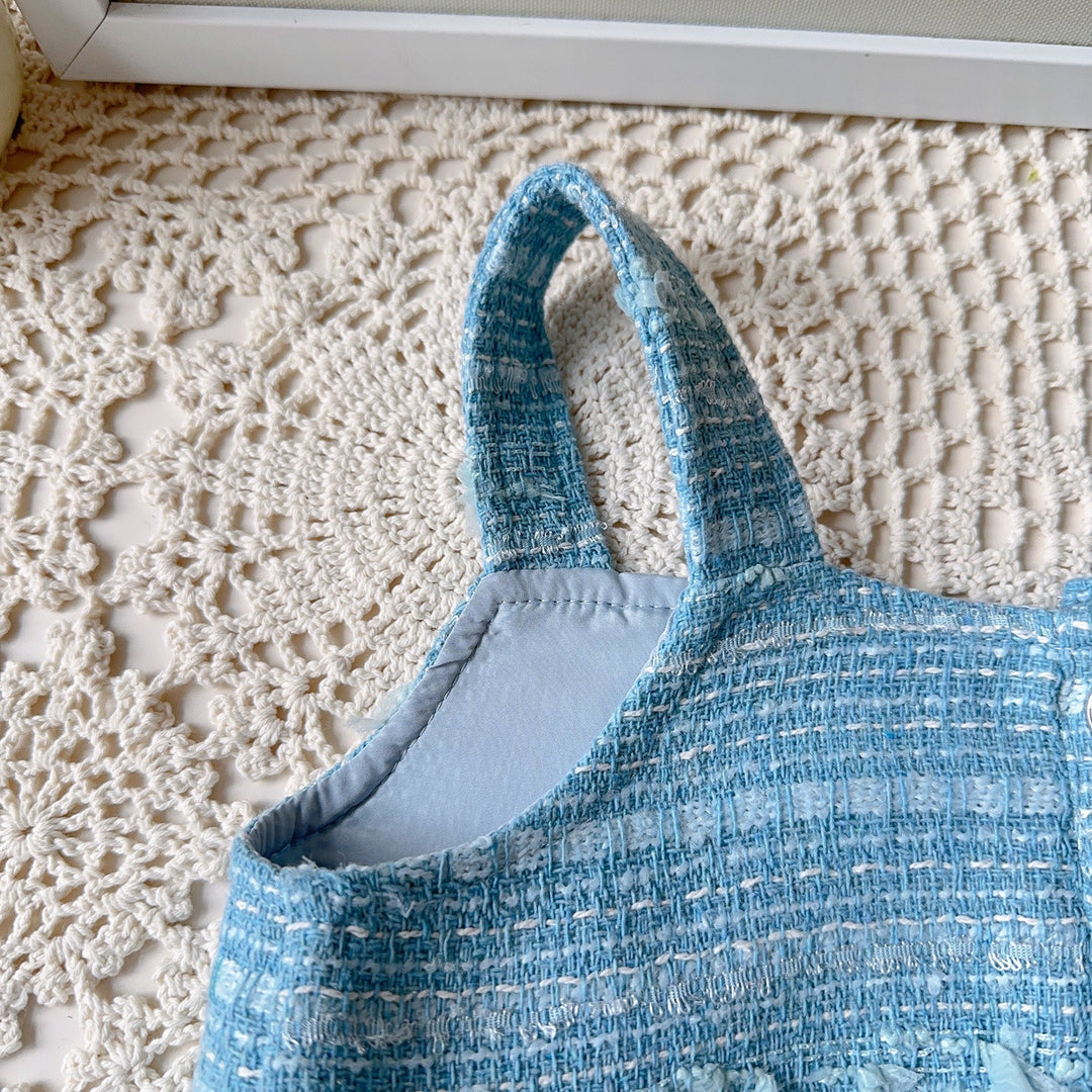 【90-140】肩フリルブラウス×ベスト×プリーツスカートセット