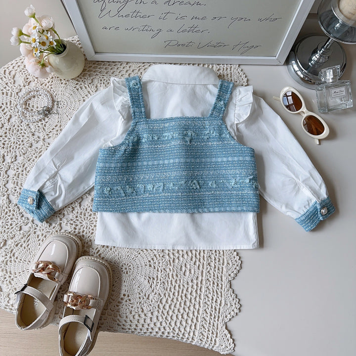 【90-140】肩フリルブラウス×ベスト×プリーツスカートセット