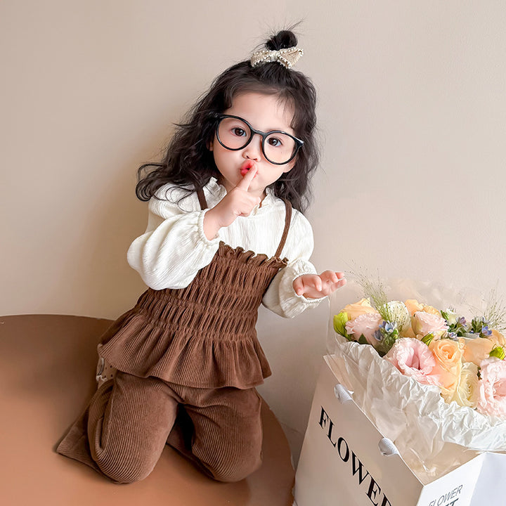 【90-140】レイヤード風トップス×フレアロングパンツセット