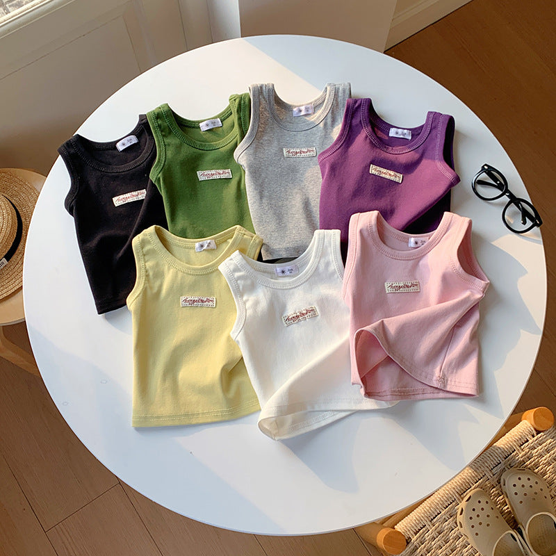 【90-150】ワンポイントワッペンノースリーブトップス