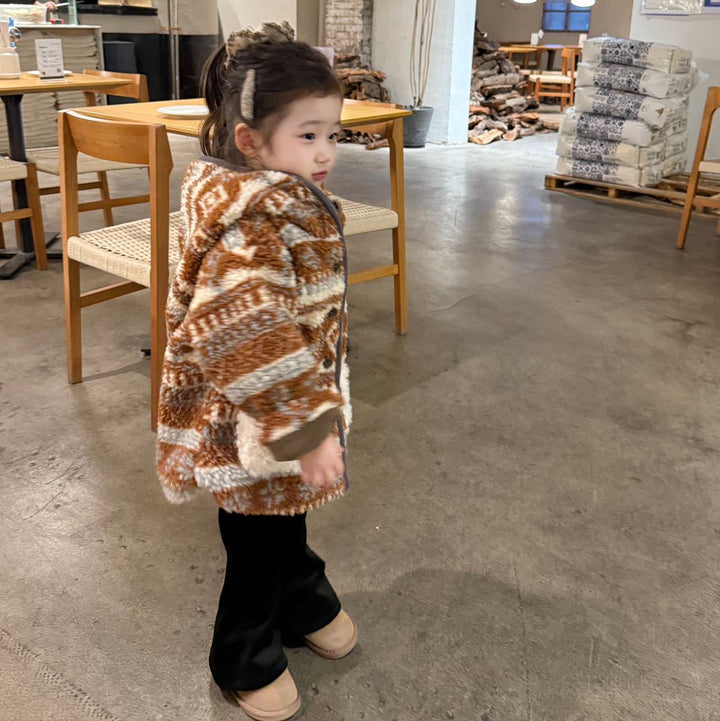 【90-140】ポンポン付きパターンプリントショートコート