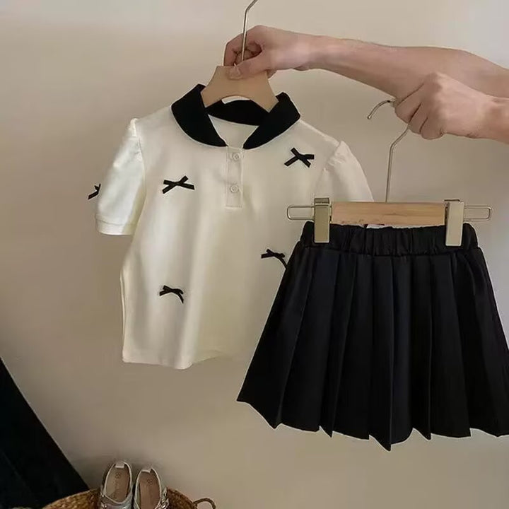 【90-150】リボンモチーフポロシャツ×プリーツスカートセット