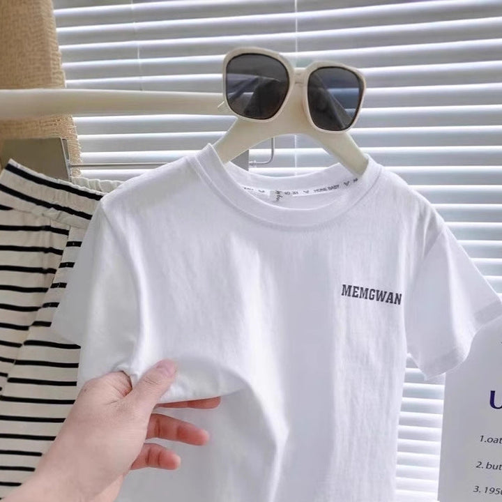 【90-140】シンプルTシャツ×ボーダー柄ワイドパンツセット