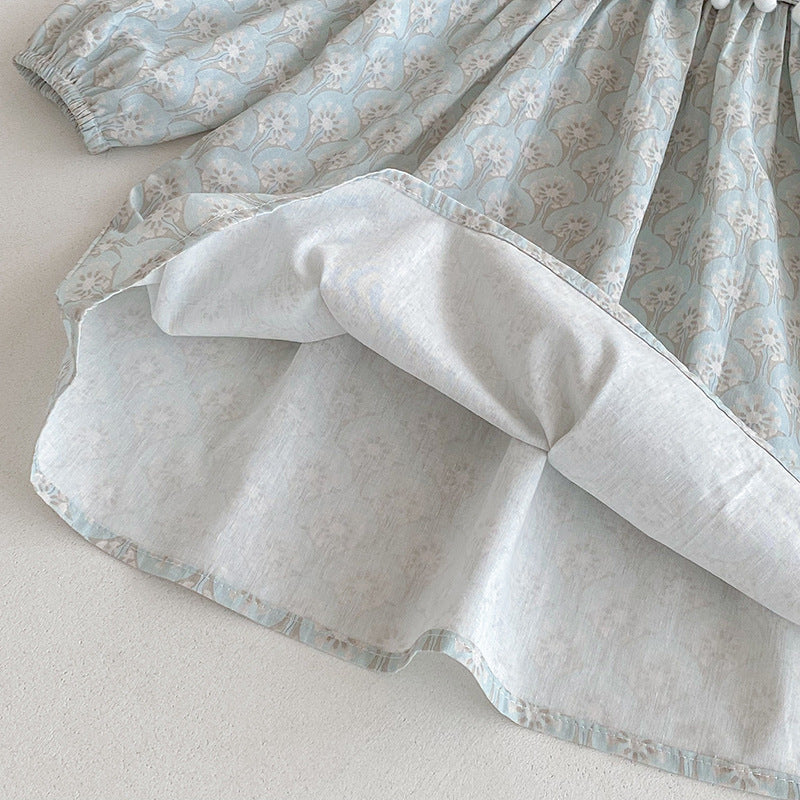 【90-140】ミニポンポンデザイン長袖ワンピース