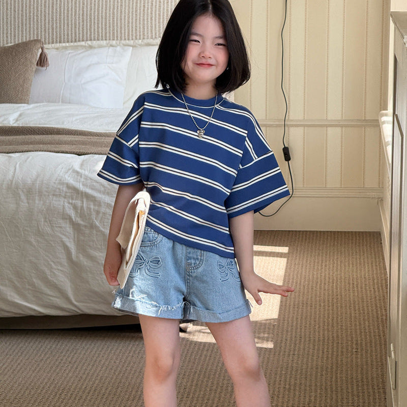 【120-150】ダブルリボンロールアップデニムショートパンツ