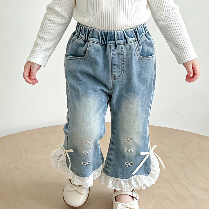 【80-120】レースヘムリボンデザインデニムパンツ