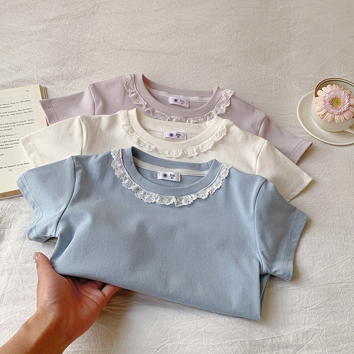 【90-140】レースデザインシンプルTシャツ