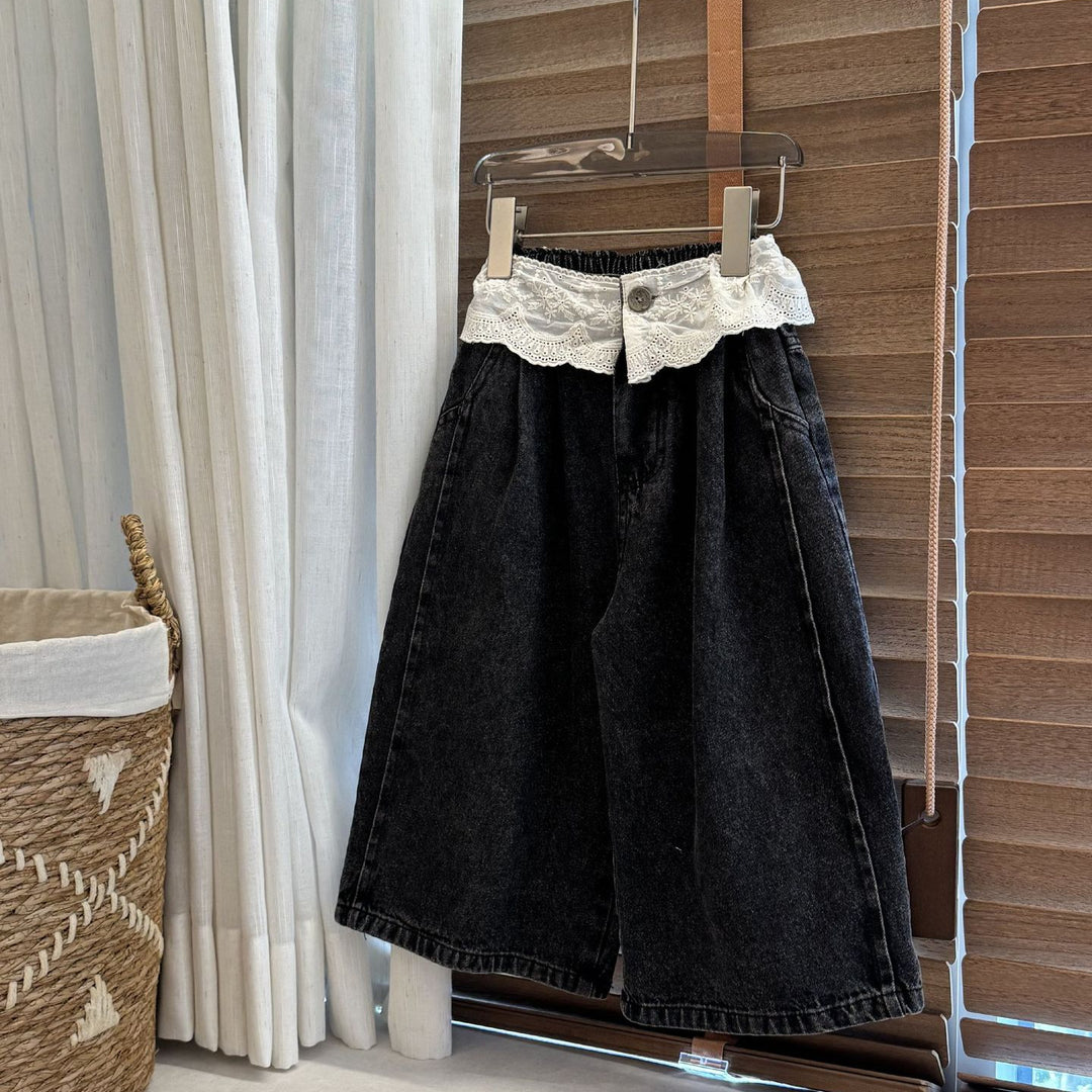 【100-150】ウエストレースワイドデニムパンツ