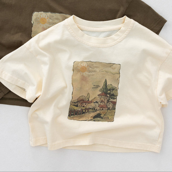 【90-130】アートプリントショート丈Tシャツ