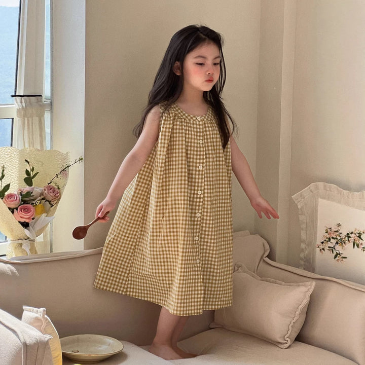 【90-150】ギンガムチェックノースリーブシャツワンピース