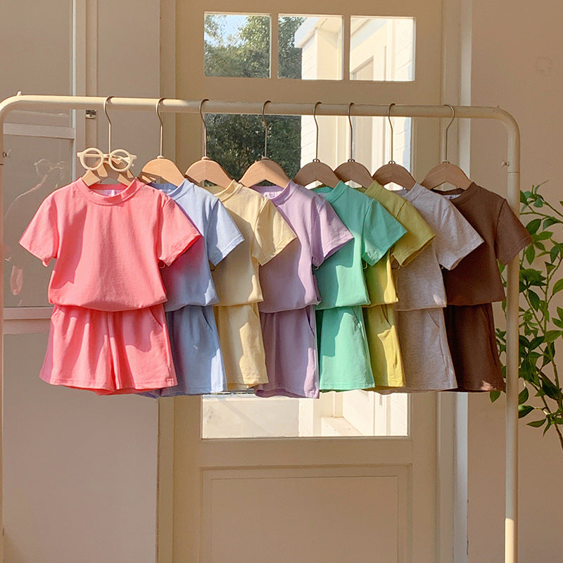 【90-150】シンプルカラーTシャツ×ハーフパンツセット