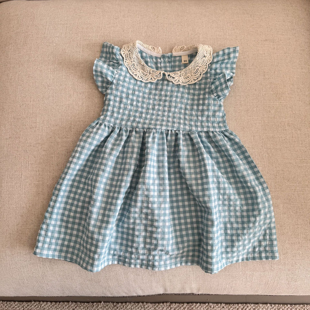【80-150】レースカラーギンガムチェックワンピース