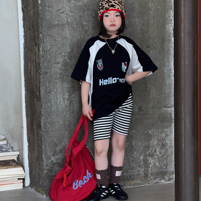 【120-150】ボーダー柄シンプルハーフレギンスパンツ