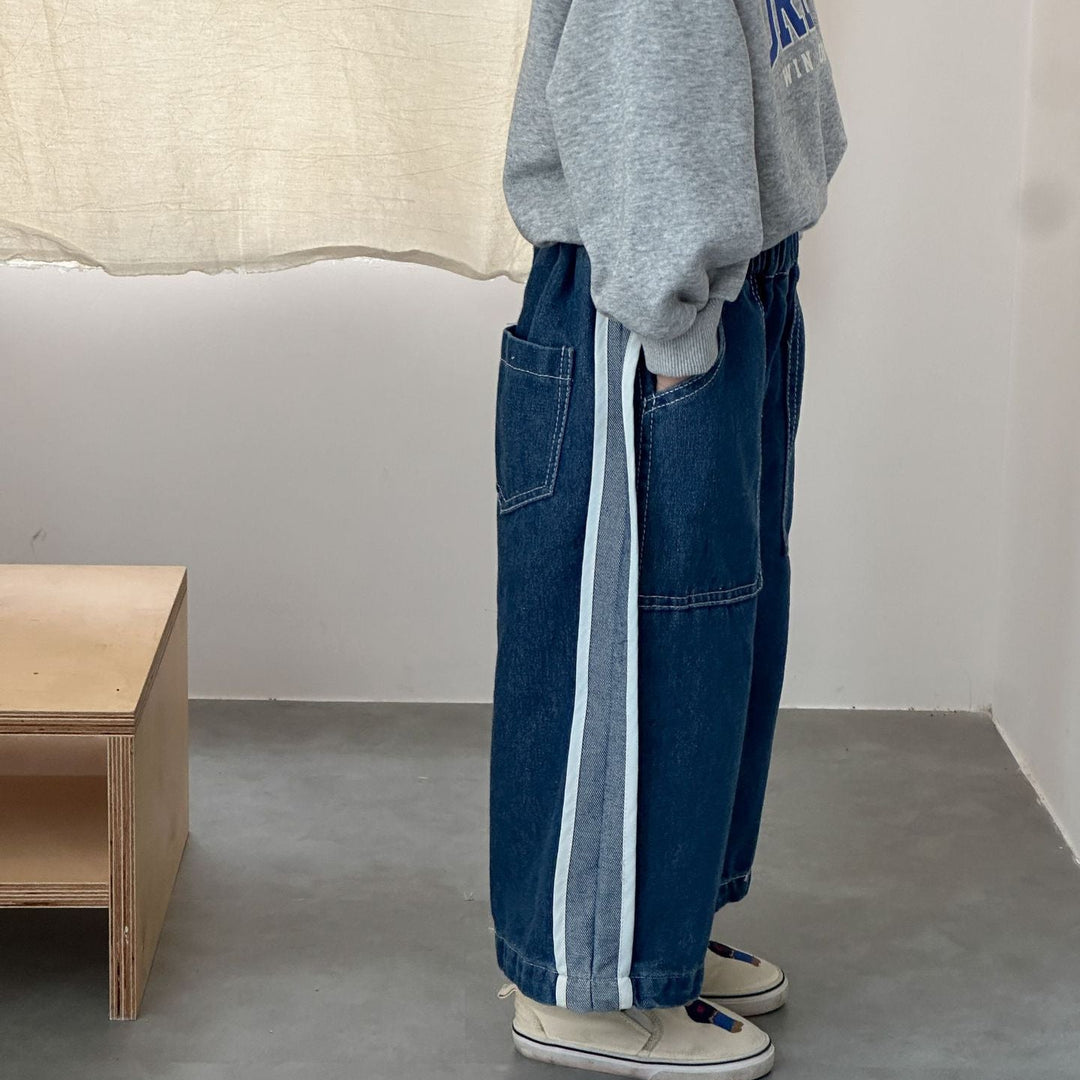 【80-150】ラインデザインワイドデニムパンツ