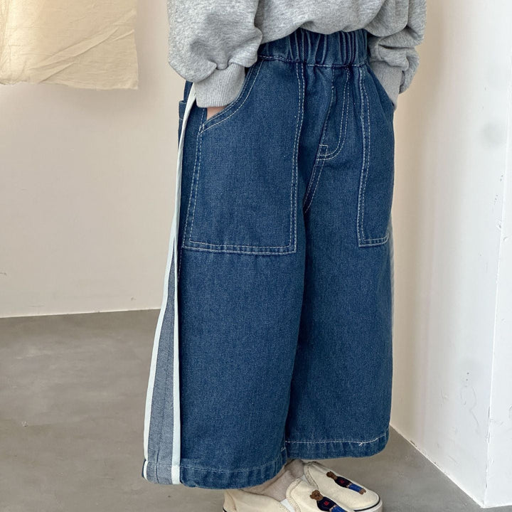 【80-150】ラインデザインワイドデニムパンツ