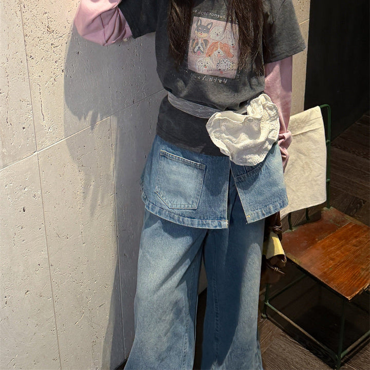【100-150】レイヤード風デニムワイドパンツ