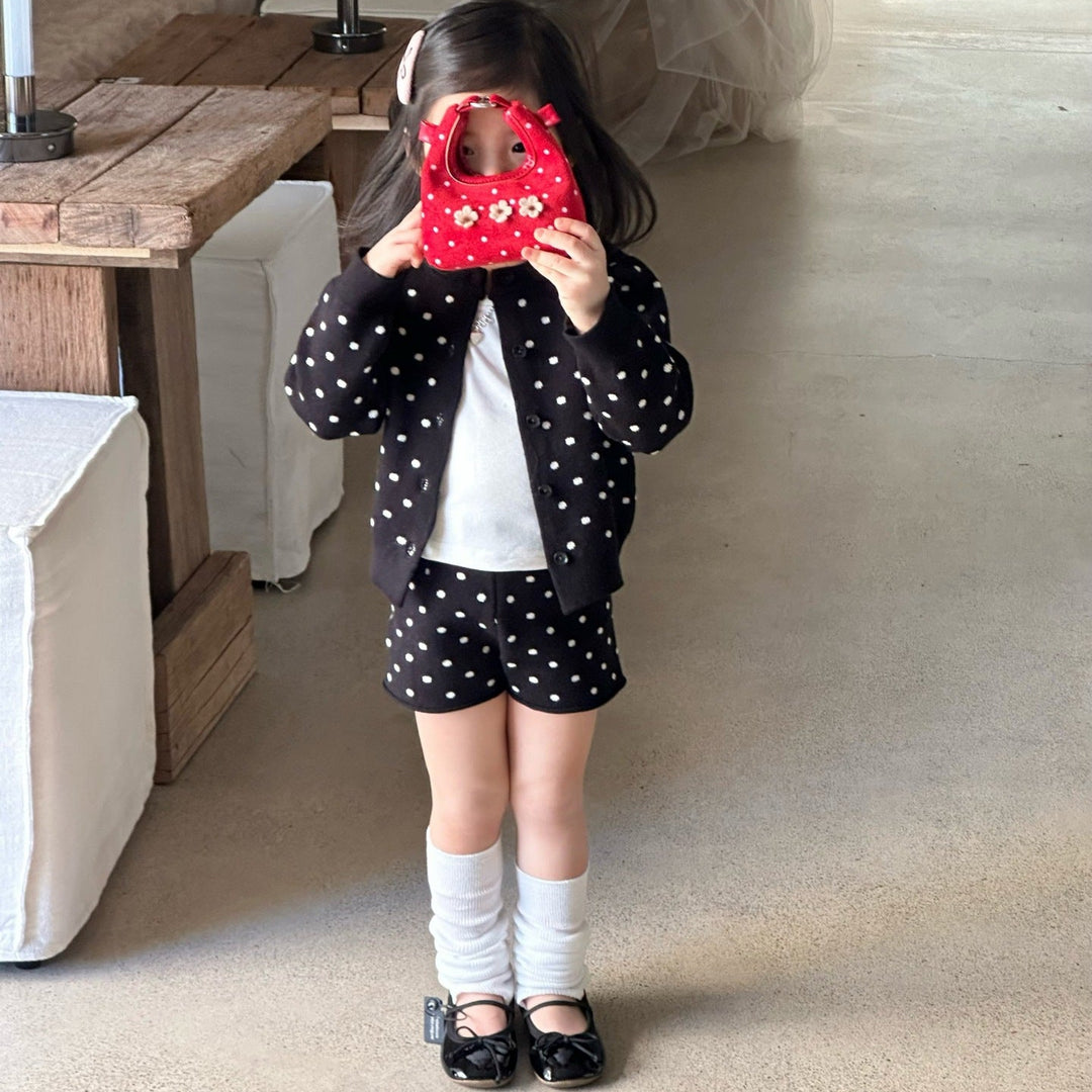 【90-140】ドット柄カーディガン×ショートパンツセット
