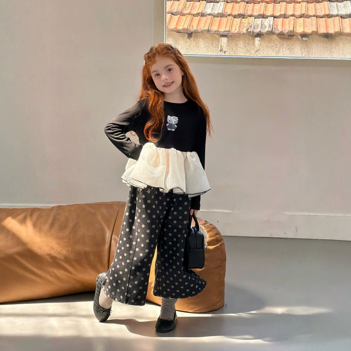 【90-140】ドット柄ワイドクロップドパンツ