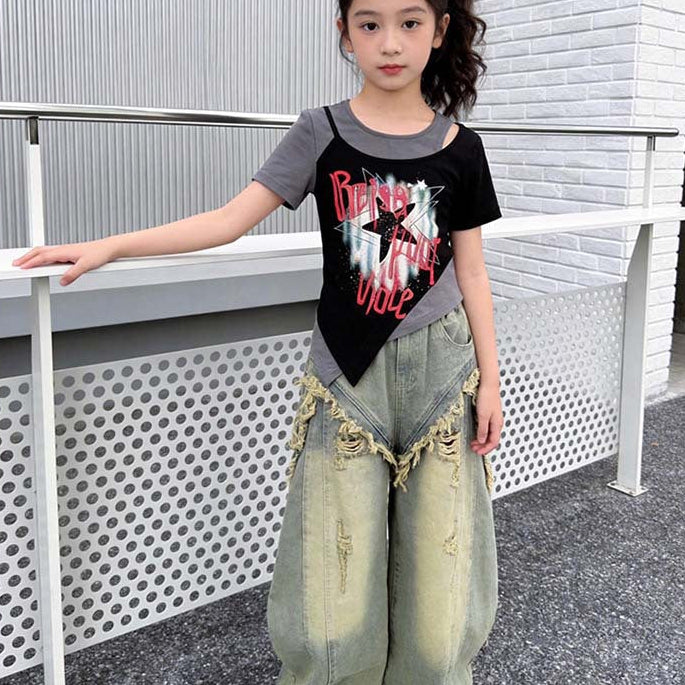 【120-150】カットオフデザインユーズド風デニムパンツ