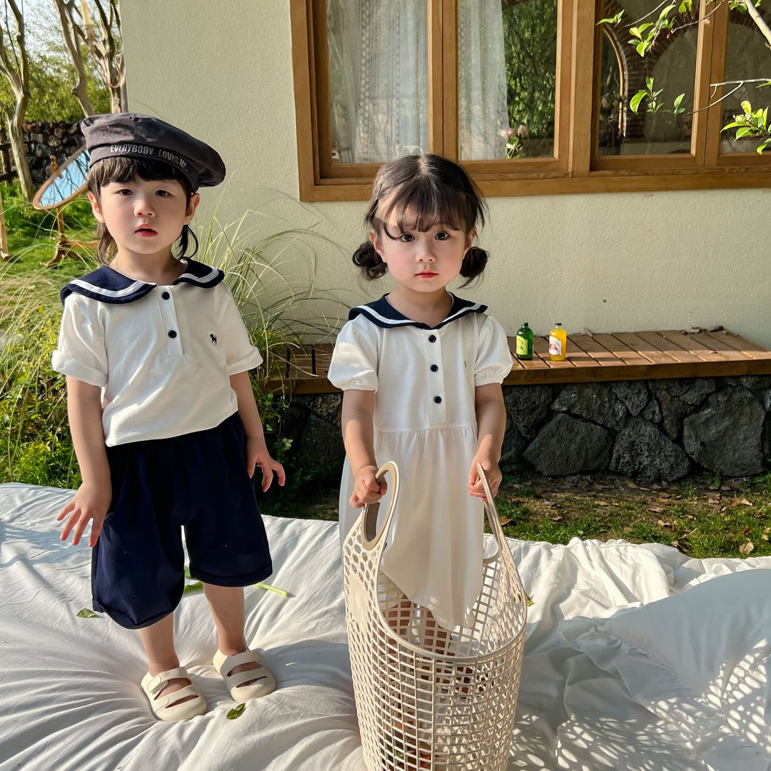 【80-140】セーラーカラートップス×ハーフパンツセット