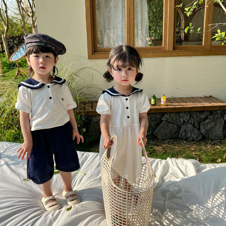 【80-140】セーラーカラートップス×ハーフパンツセット