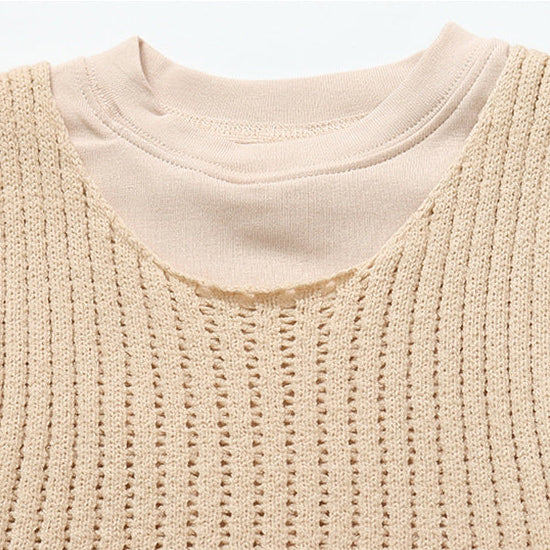 【90-140】レースヘムトップス×ベスト×ロングパンツセット