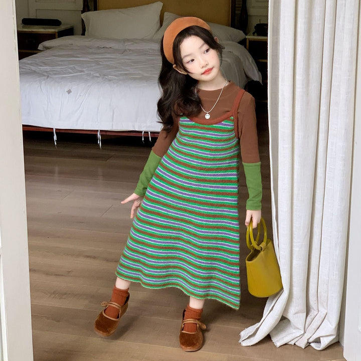 【90-140】マルチボーダーニットワンピース