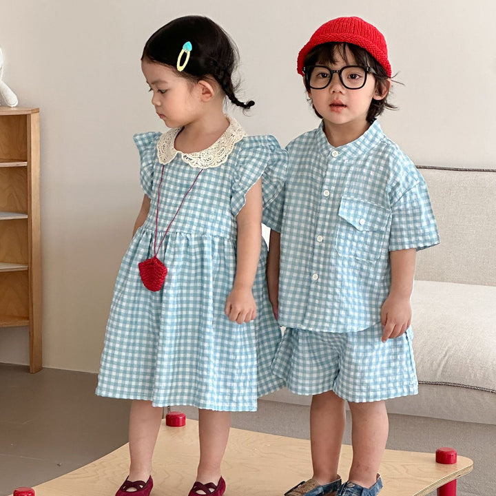 【80-150】レースカラーギンガムチェックワンピース