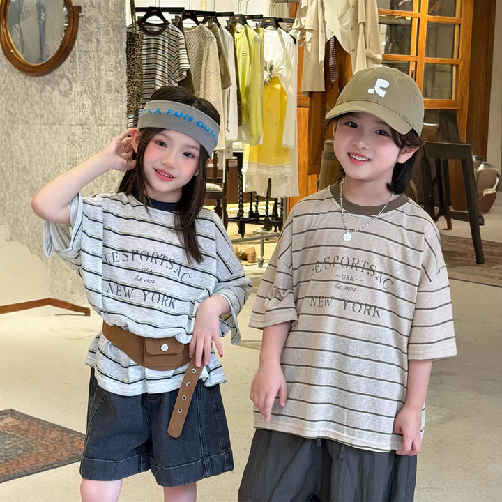 【90-150】レタープリントボーダー柄Tシャツ