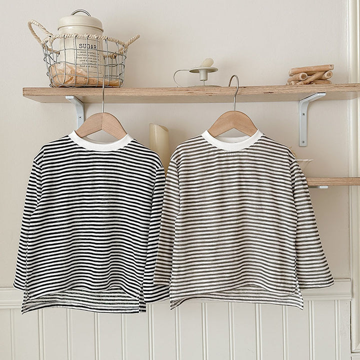 【90-150】ボーダー柄シンプルロングTシャツ