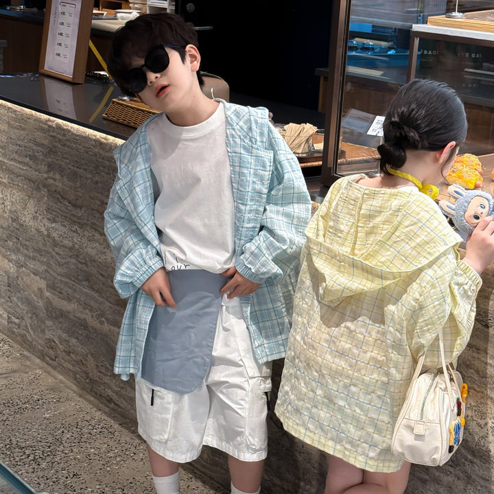 【90-150】チェック柄フーディーシャツ