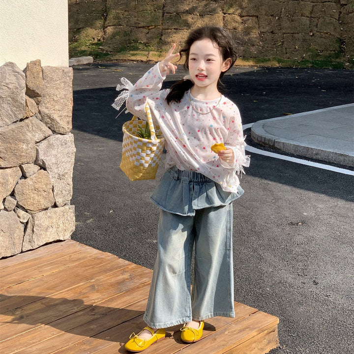 【90-140】レイヤード風ワイドデニムパンツ