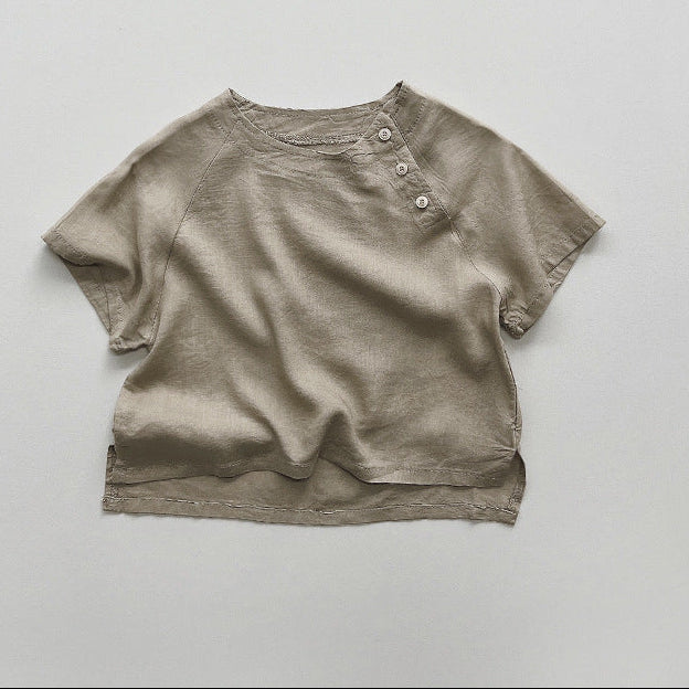 【80-130】ショルダーボタンカジュアルTシャツ