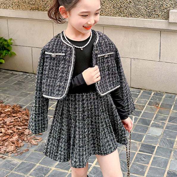 【90-140】ツイード風ジャケット×長袖ワンピースセット
