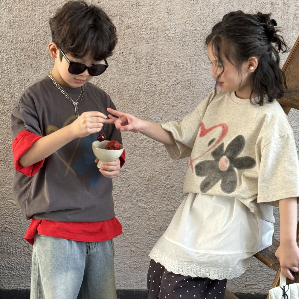 【90-150】ハート＆フラワーTシャツ